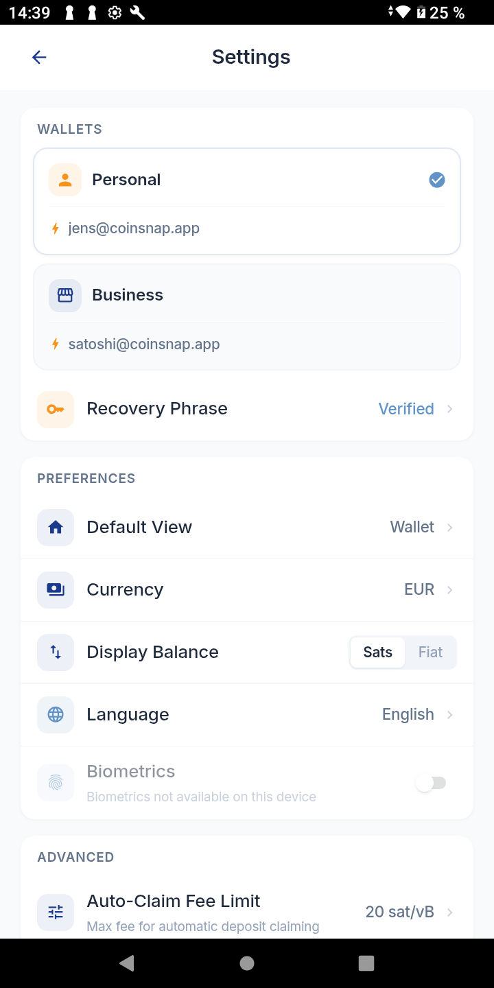 Settings screen