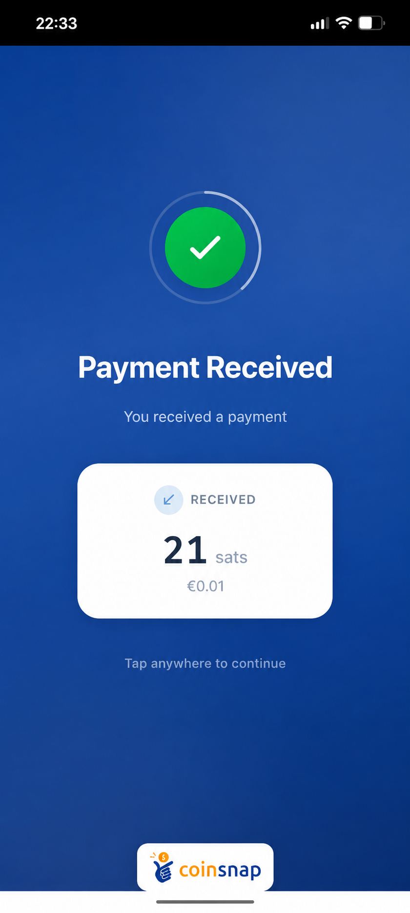 Payment confirmed in Coinsnap POS