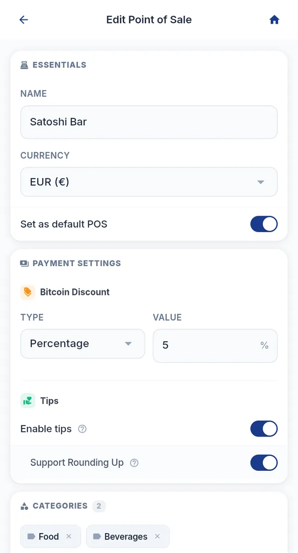 Point of Sale payment settings in Coinsnap with Bitcoin Discount type and value