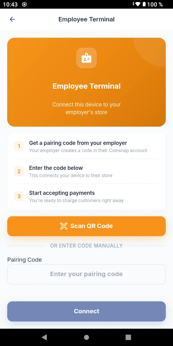 Employee Terminal screen in Coinsnap Wallet for connecting a device with a pairing code