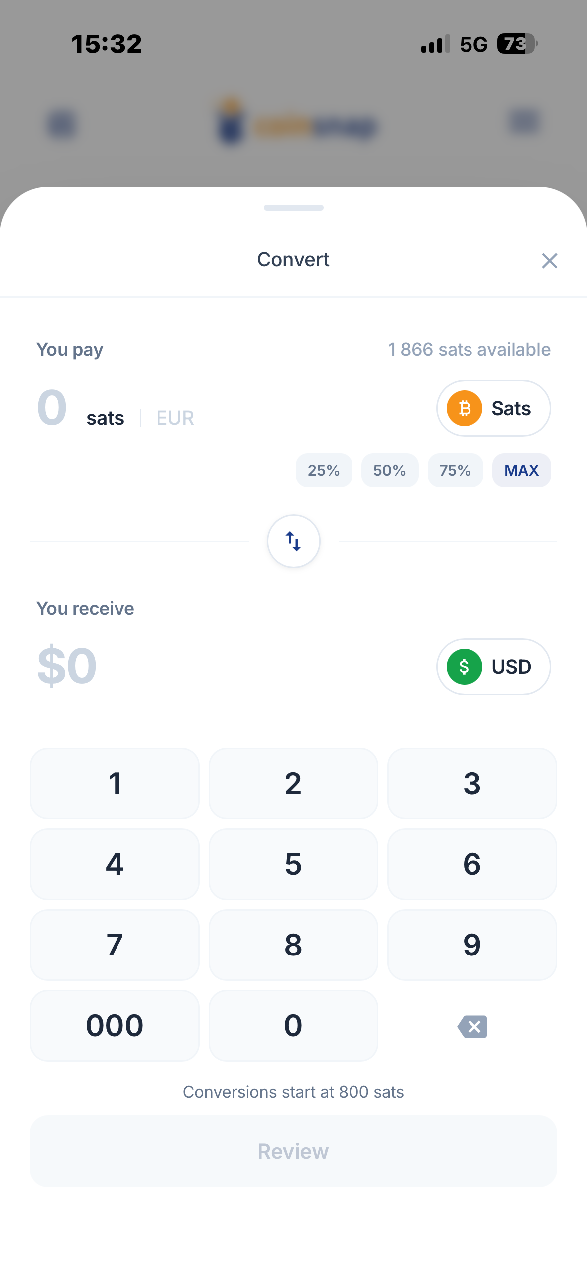 Convert screen in Coinsnap Wallet for converting between Bitcoin and Digital Dollars