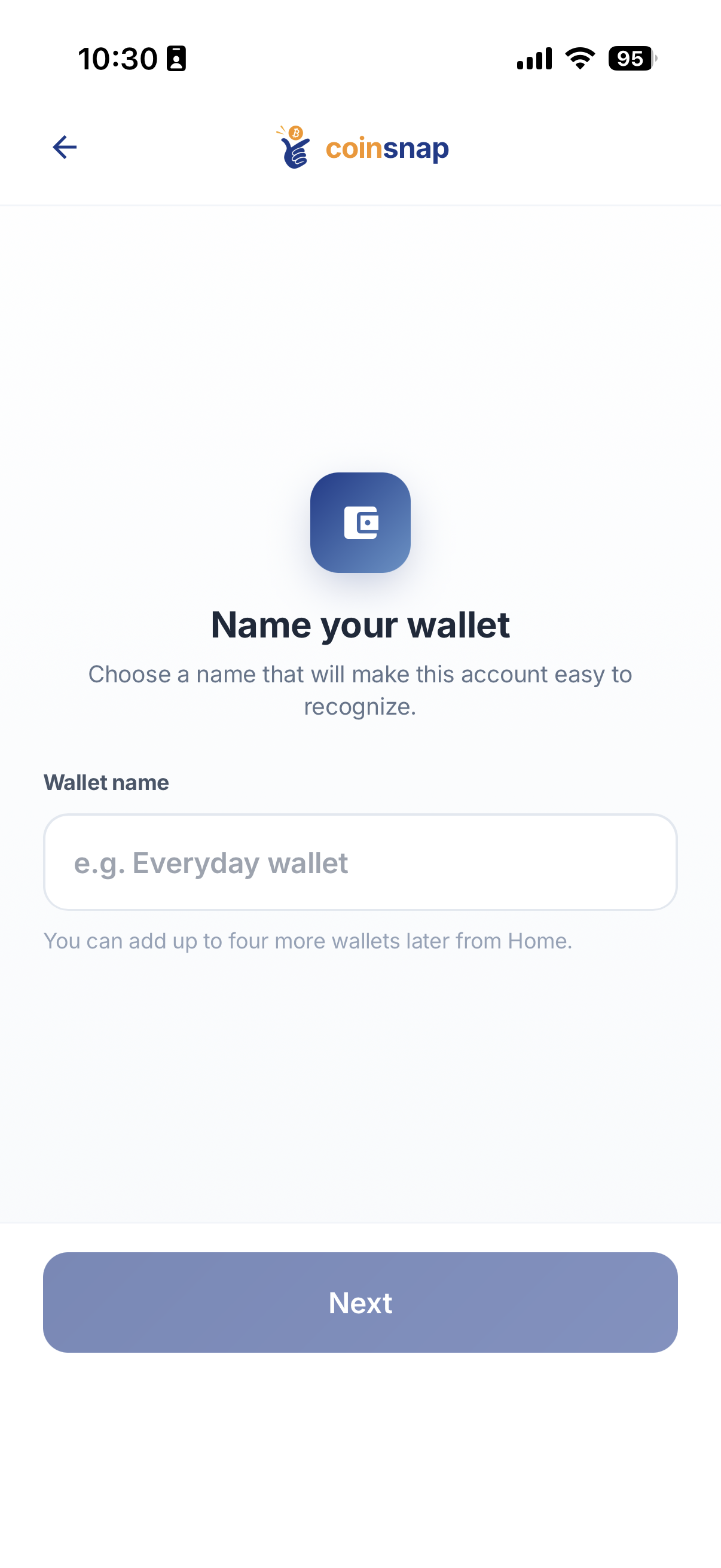 Create and name a new wallet in Coinsnap Wallet