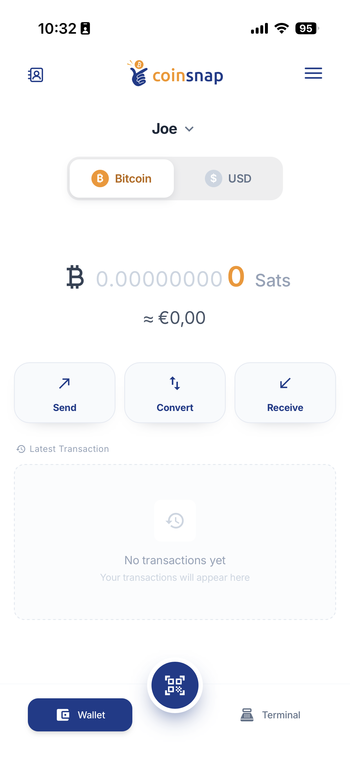 Coinsnap Wallet Home Screen of the wallet Joe with Bitcoin/USD selector and Send, Convert and Receive