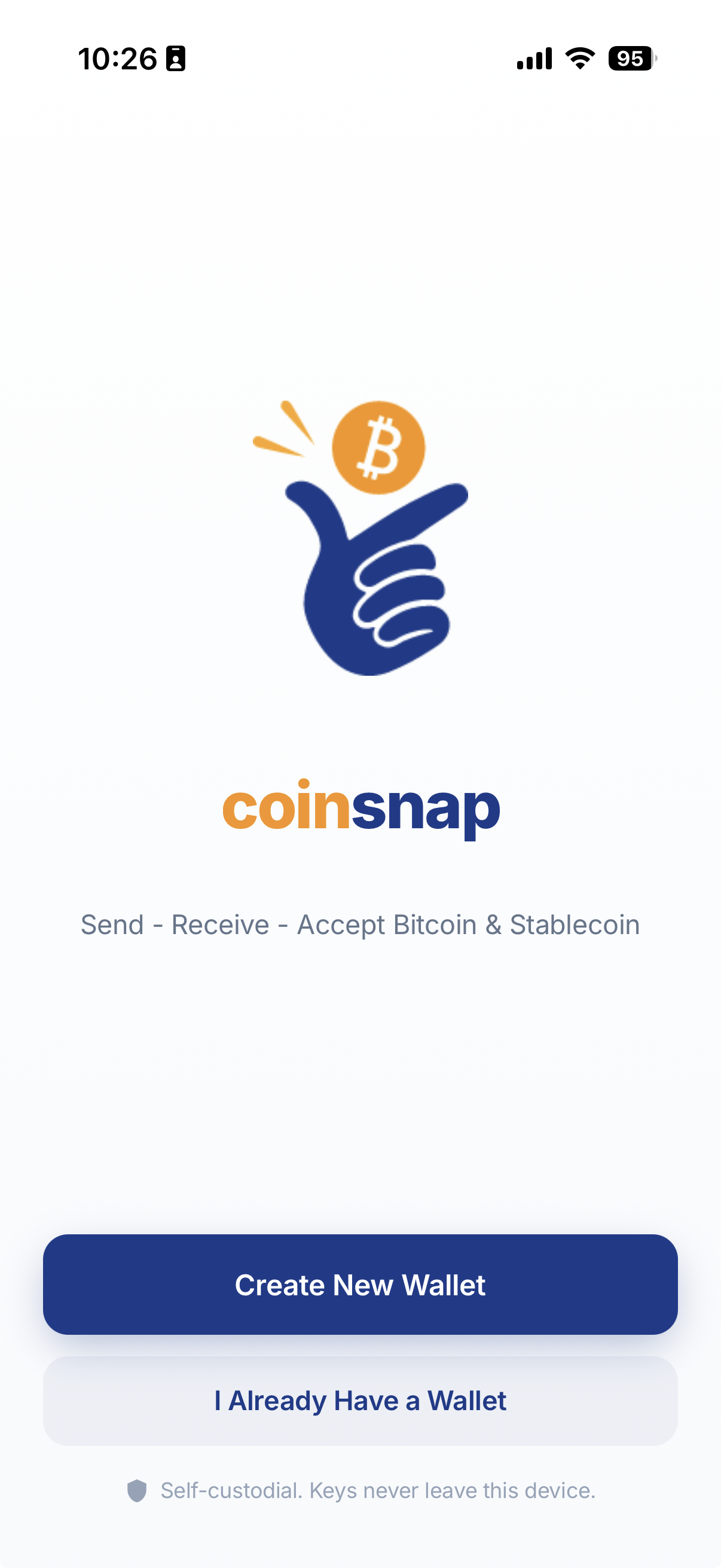 Coinsnap Wallet start screen with the options Create New Wallet and I Already Have a Wallet