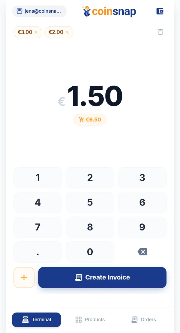 Coinsnap Point of Sale keypad with an amount of 1.50 euros and Create Invoice button