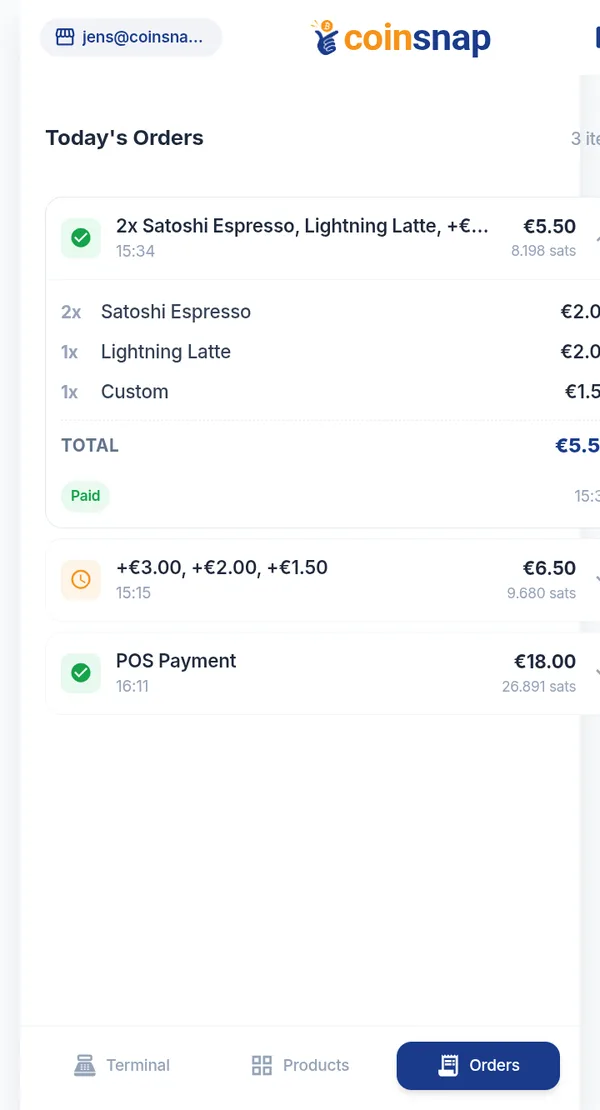 Today's orders overview in the Coinsnap Point of Sale