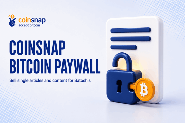 Article sheet with an open padlock and a Bitcoin coin turned like a key, illustrating the Coinsnap Bitcoin Paywall