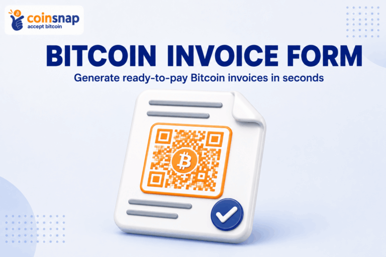 Step-by-step screens showing how to create a Bitcoin invoice form with Coinsnap
