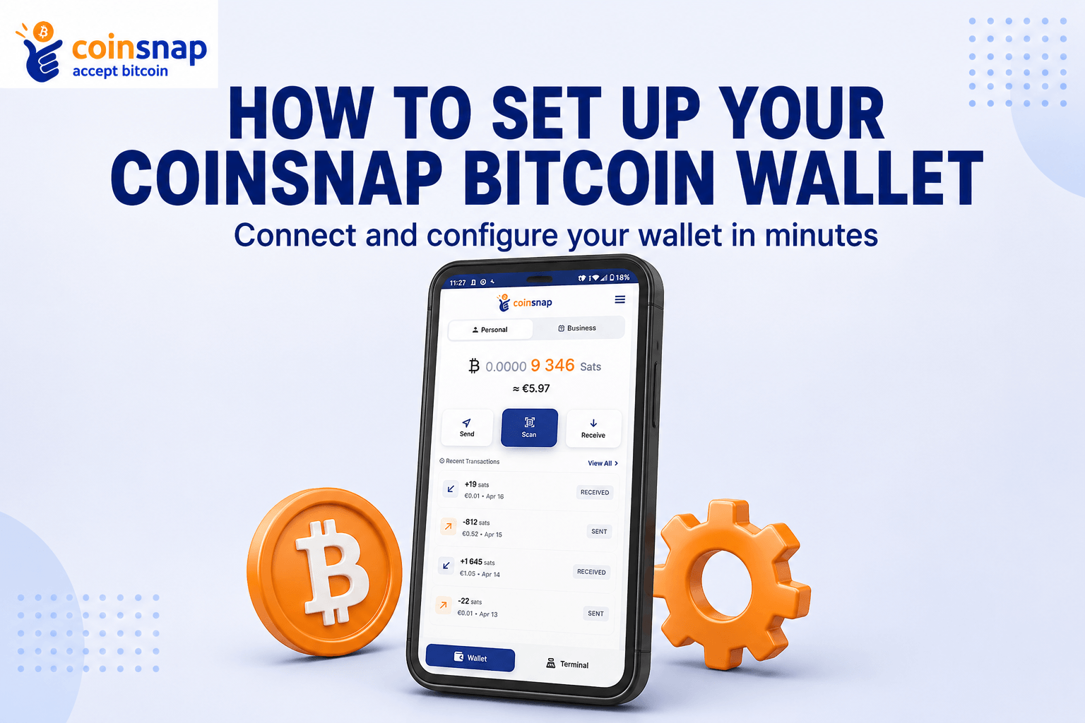 Smartphone displaying the Coinsnap Bitcoin Wallet balance and send/receive buttons