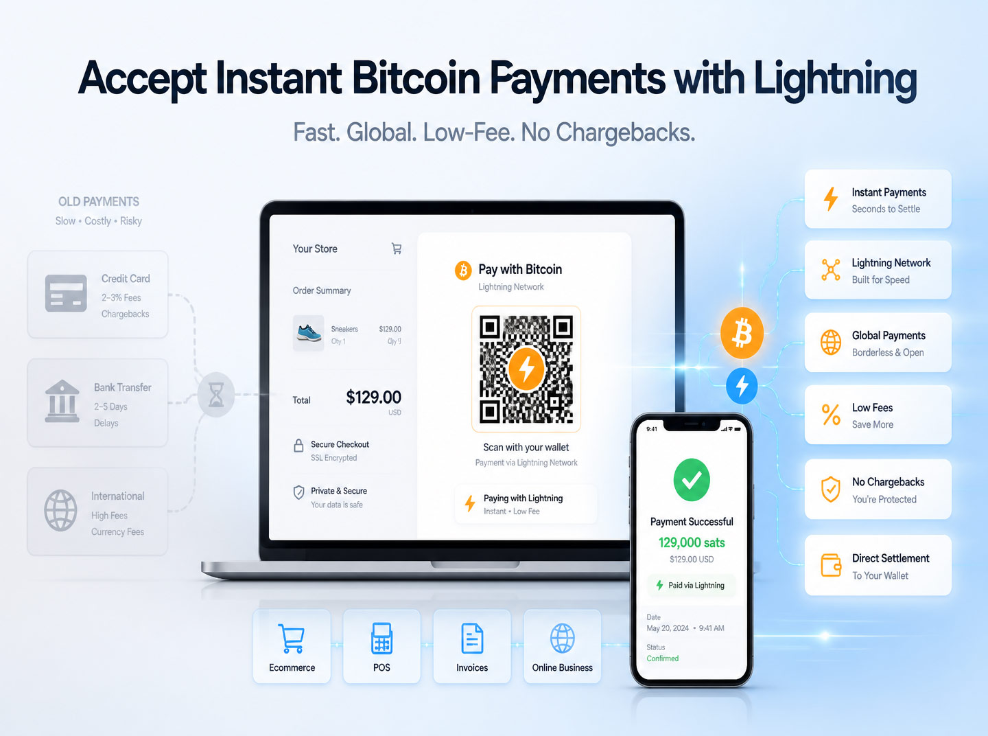 Modern fintech-style illustration showing a laptop and smartphone processing instant Bitcoin Lightning payments. The screen displays a Bitcoin checkout with QR code, while floating UI cards highlight benefits such as instant settlement, low fees, global payments, no chargebacks, and direct wallet settlement.