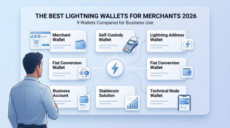 Illustration comparing nine Bitcoin Lightning wallet categories for merchants in 2026, including merchant wallets, self-custody wallets, Lightning address wallets, fiat conversion wallets, business accounts, stablecoin solutions and technical node wallets.