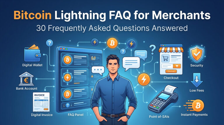 Business owner reviewing Bitcoin Lightning FAQ questions about wallets, payments, fees, security, invoices, and euro settlement.