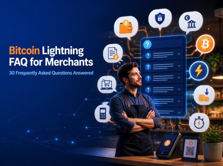 Business owner reviewing Bitcoin Lightning FAQ questions about wallets, payments, fees, security, invoices, and euro settlement.