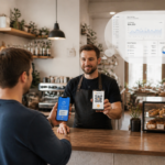 Best Crypto Wallets for Merchants: Merchant accepting a Bitcoin Lightning payment at the counter while monitoring a business dashboard that manages sales, transactions, and reporting.