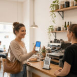 Customer paying with the Coinsnap Bitcoin Wallet in a café using a Lightning QR code for a fast Bitcoin payment.