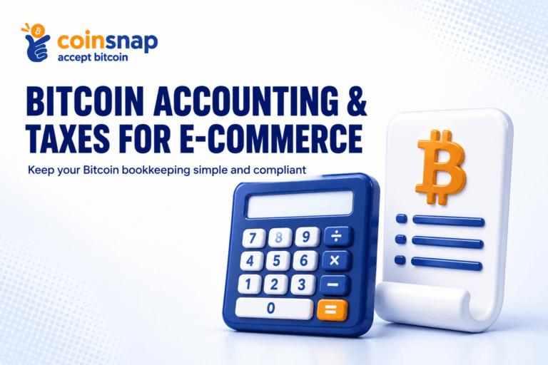Ledger book and Bitcoin coin illustrating Bitcoin accounting with Coinsnap