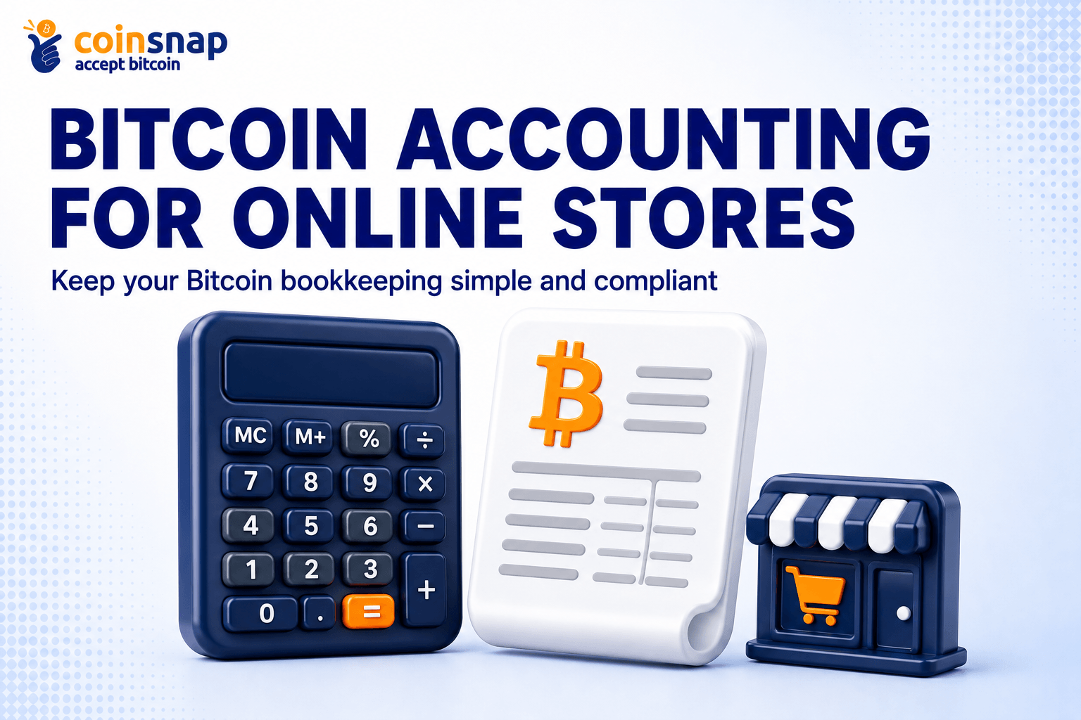 Ledger and calculator showing Bitcoin accounting for online stores