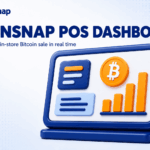 Dashboard screen with a bar chart and Bitcoin coin showing the Coinsnap POS Dashboard
