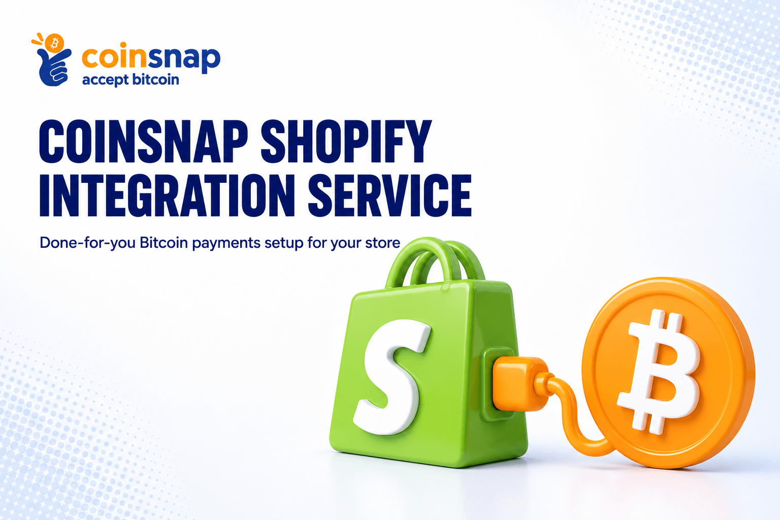 Lime-green Shopify bag icon linked to a Bitcoin coin illustrating the Coinsnap Shopify Integration Service