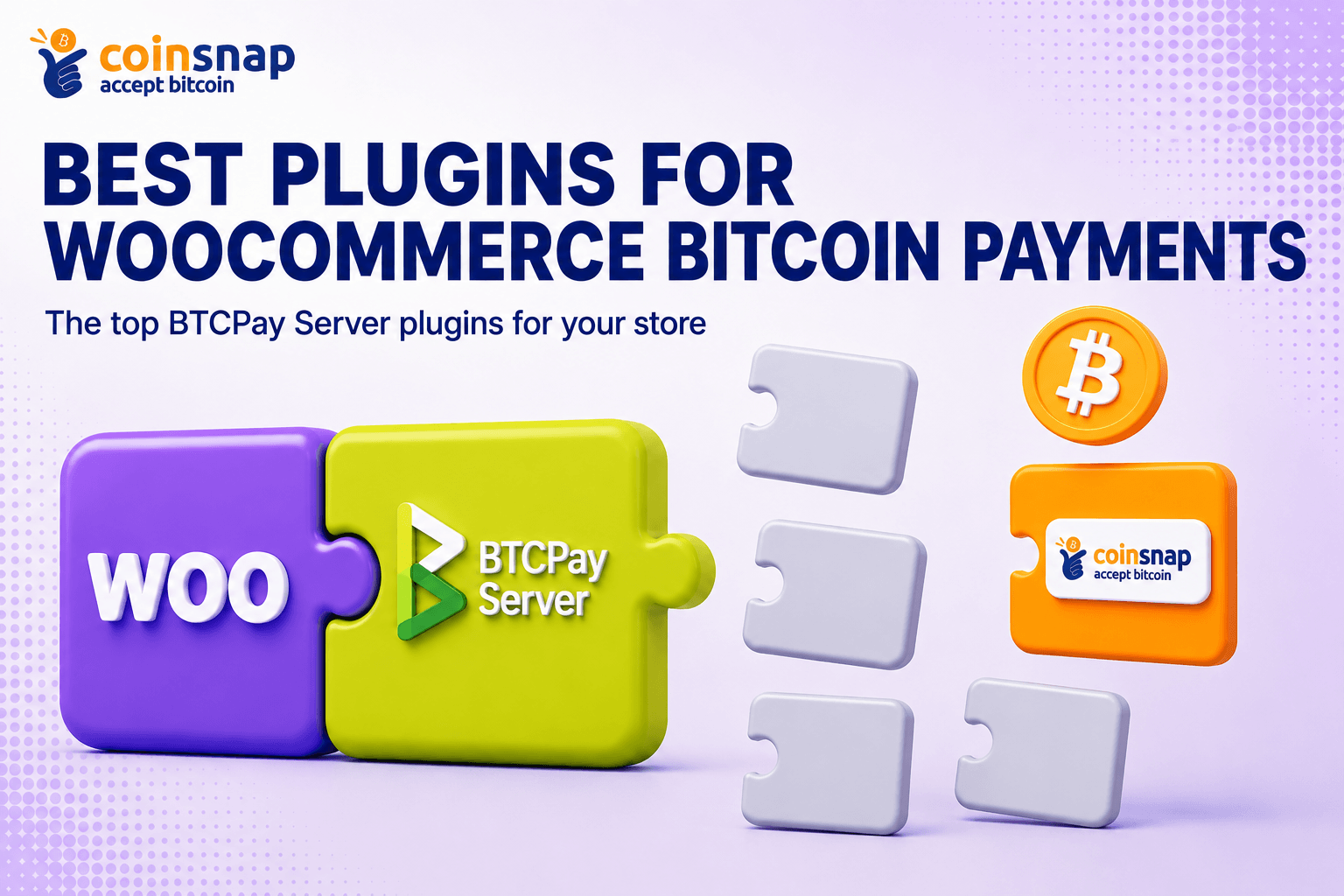 Lime-green BTCPay Server block with an orange Coinsnap puzzle piece plugging in beside grey plugin pieces, illustrating the BTCPay Server plugin made by Coinsnap
