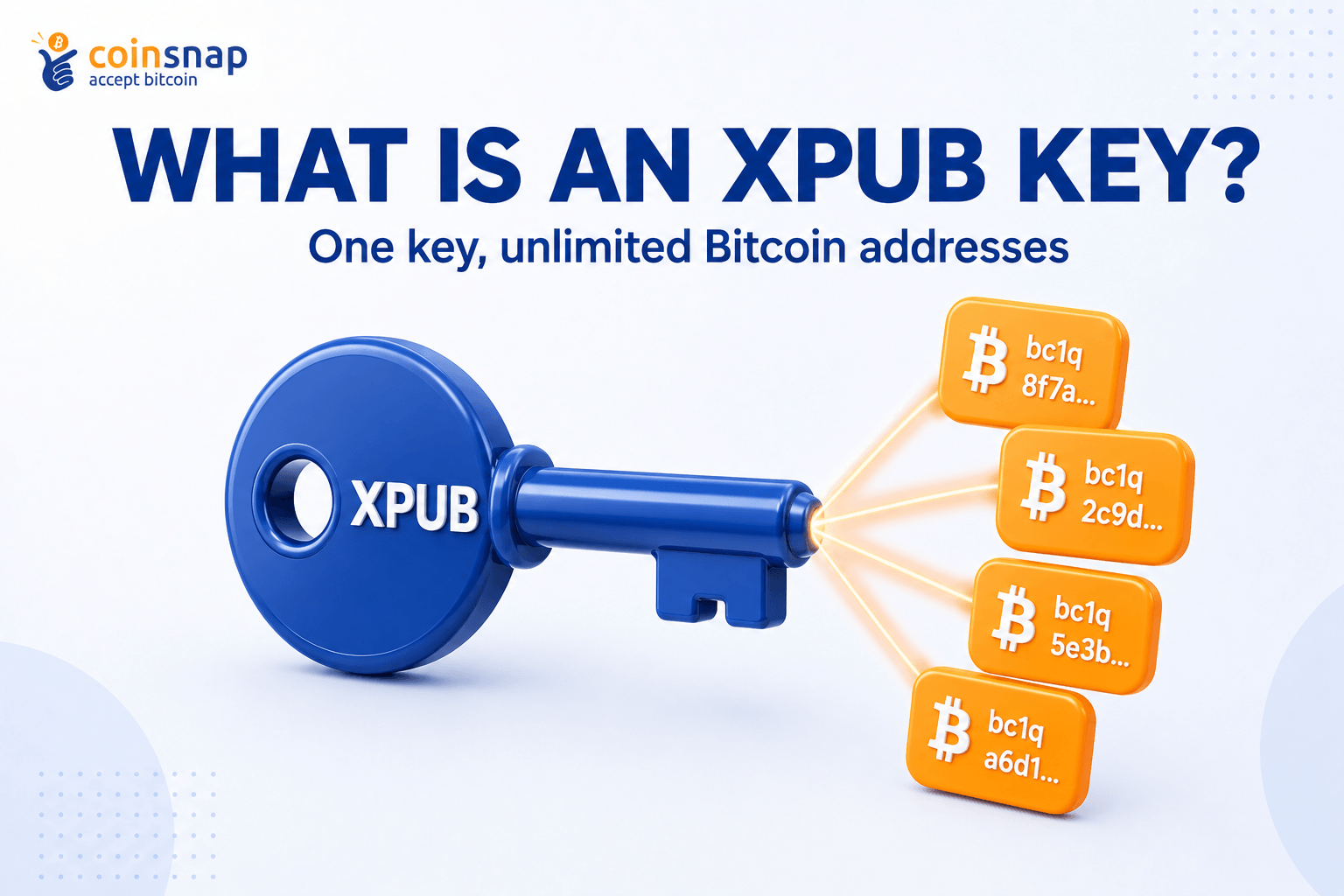 Illustration of a key symbolizing an xPub Key generating multiple Bitcoin addresses