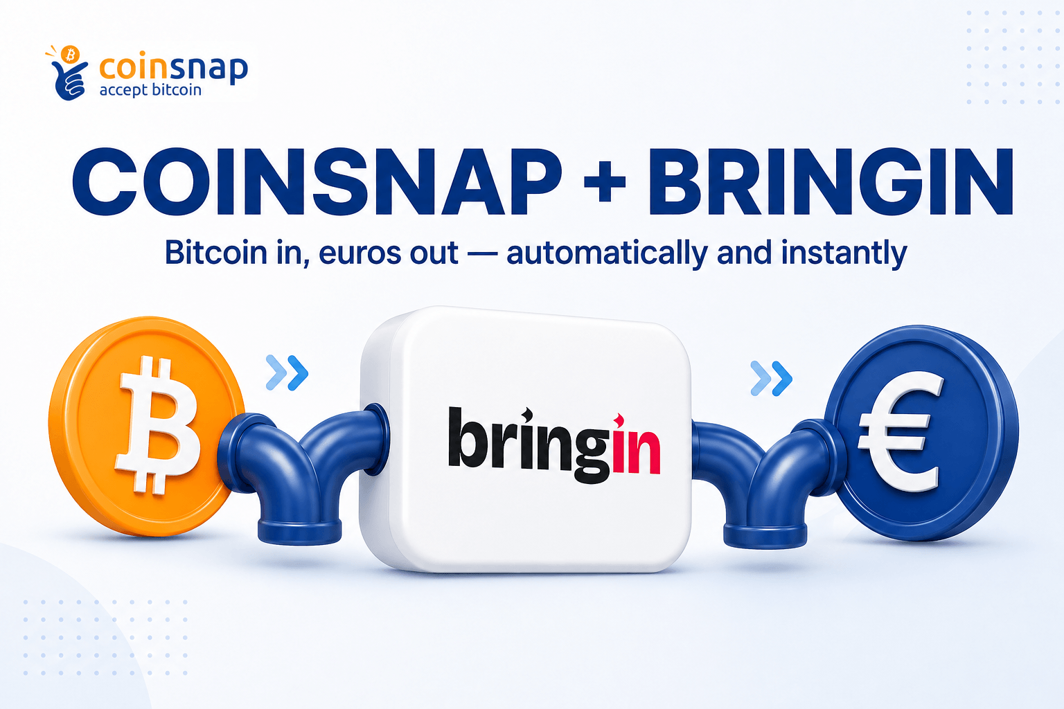 Bitcoin and euro coin connected by pipes with the Bringin logo in the middle