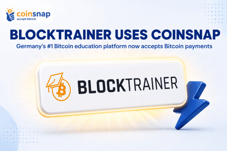 Blocktrainer logo with a lightning bolt showing its use of Coinsnap for Bitcoin payments