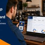 Coinsnap POS Dashboard showing a merchant monitoring Bitcoin sales on a laptop while using the Coinsnap POS Wallet terminal on a smartphone.
