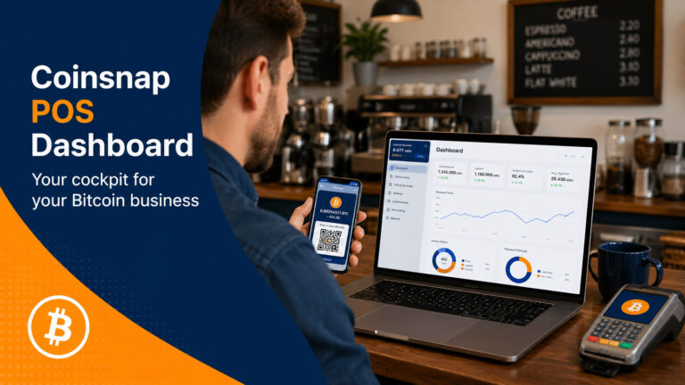 Coinsnap POS Dashboard showing a merchant monitoring Bitcoin sales on a laptop while using the Coinsnap POS Wallet terminal on a smartphone.