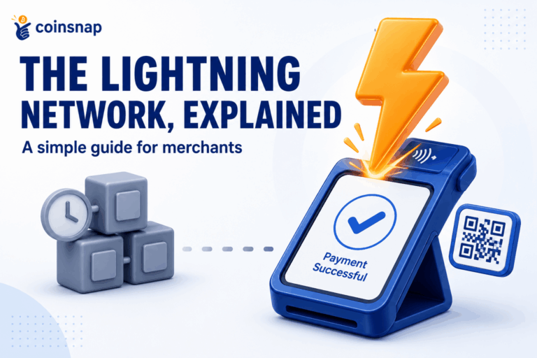 Coinsnap graphic explaining the lightning network with a bolt icon and a checkout terminal for merchants