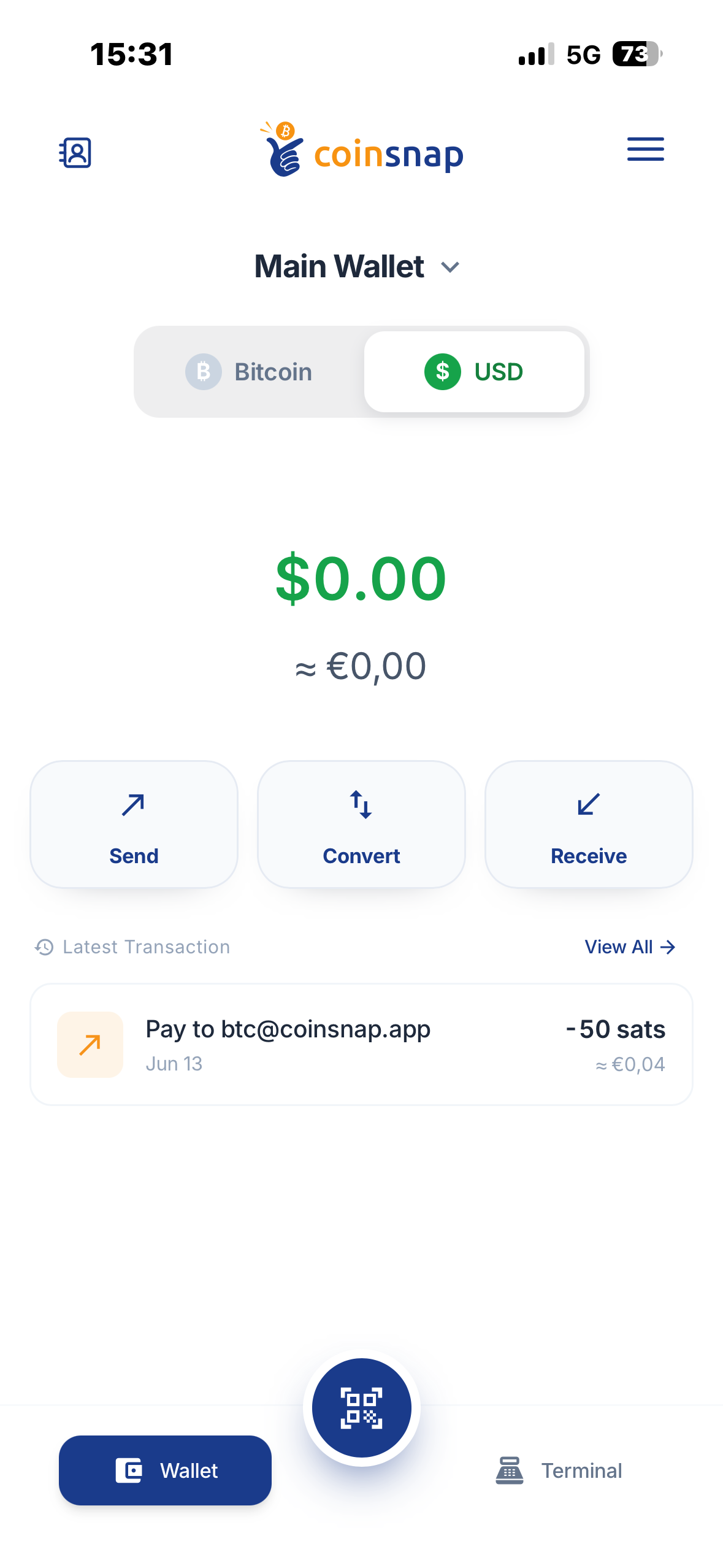 Wallet home, USD tab: 0.00 dollars