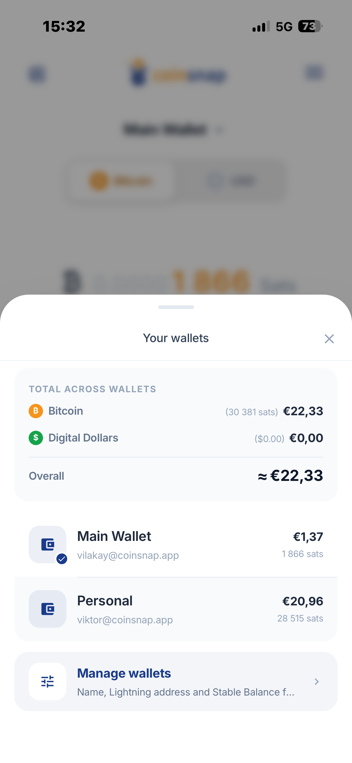 Wallet list: Main, Shop, Event and Savings wallets
