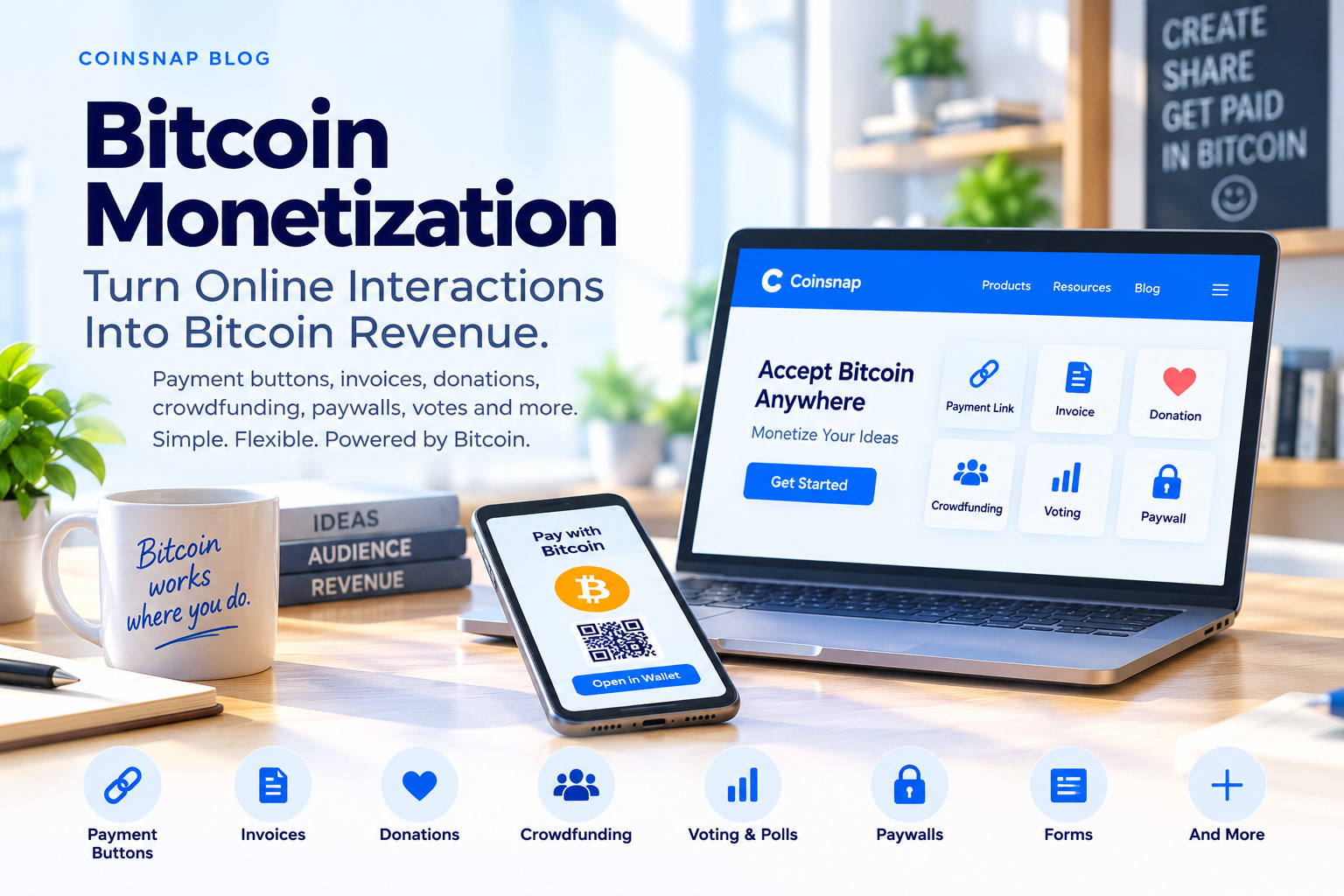 Bitcoin monetization tools for payment buttons, invoices, donations, crowdfunding, voting and paywalls